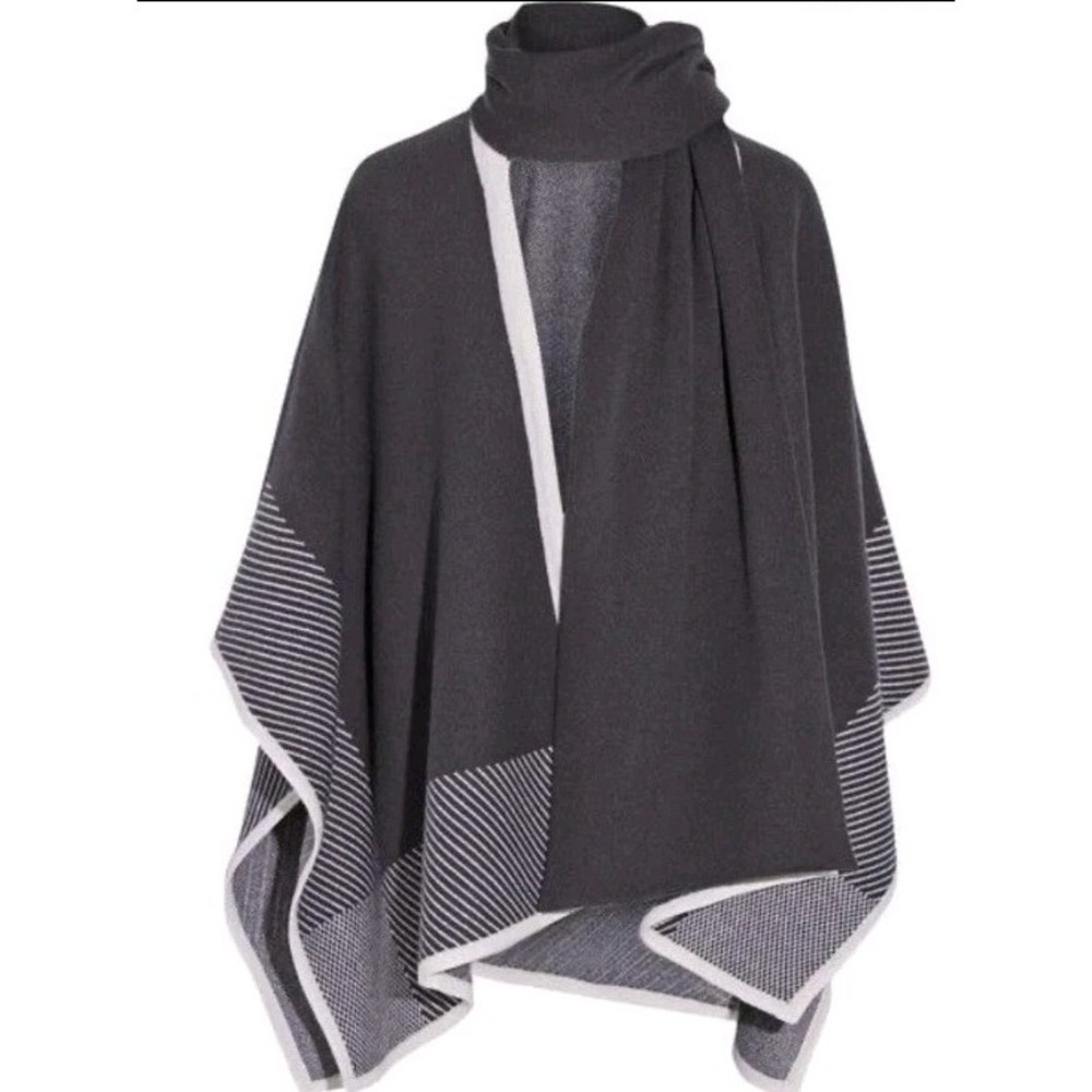 Duffy Wool Cashmere Gray Wrap Poncho Sweater Attached Scarf XS/small